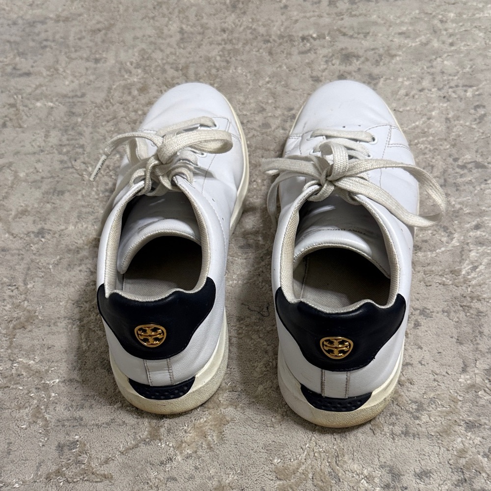 Tory Burch Howell White Leather Court Sneakers with Navy Heel Accent